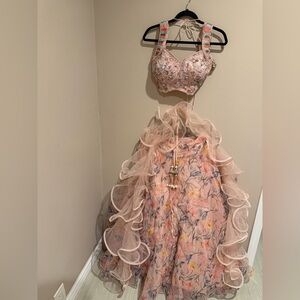 Embellished Pink Floral Two-Piece Gown (Lehenga)